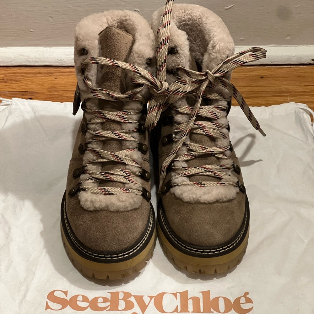 See by Chloe Eileen Mixed Shearling Leather Hiking Combat Boots 37